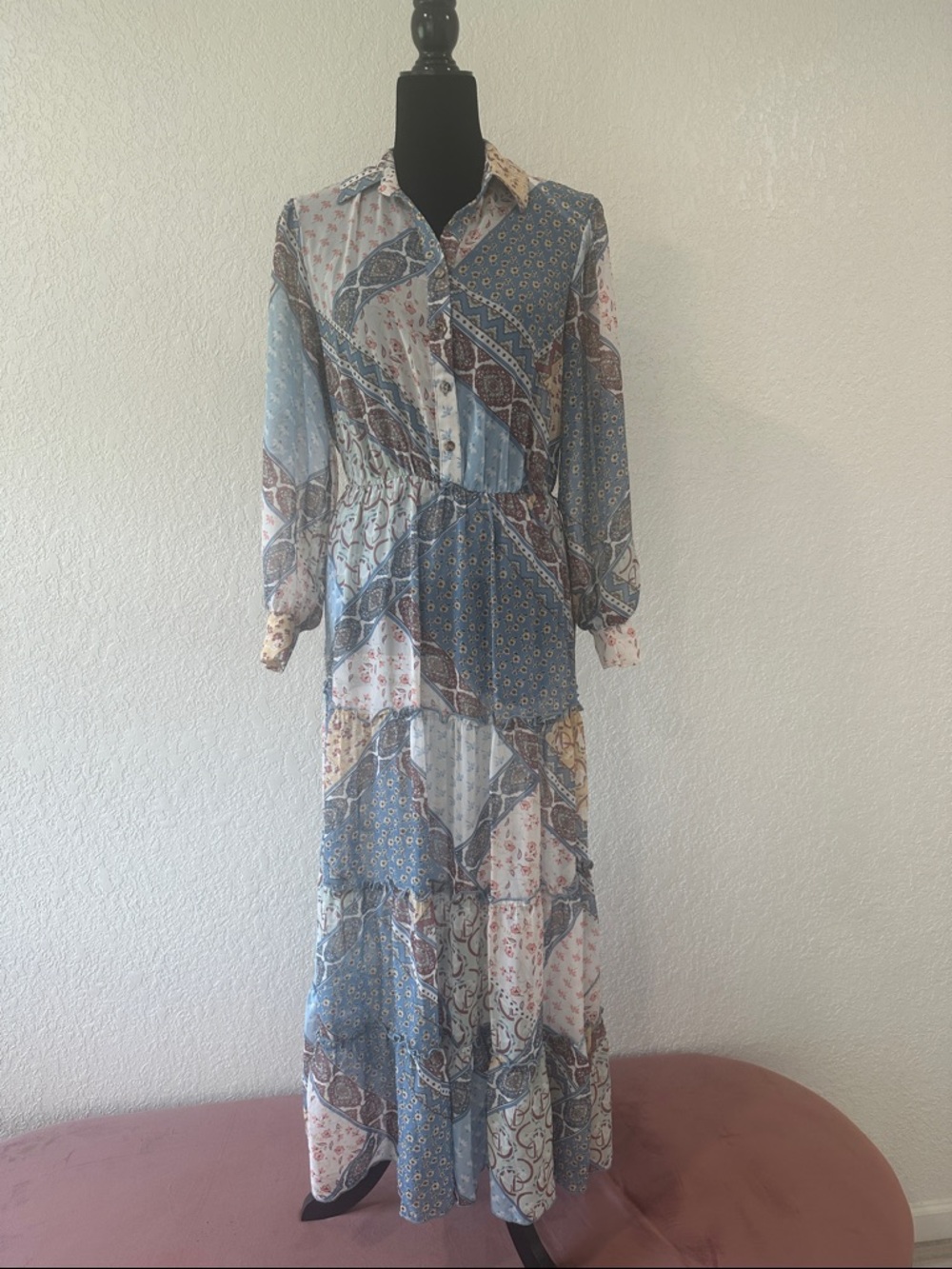 Kate and Lily Patchwork Maxi Dress in Blue and Cream pattern 6